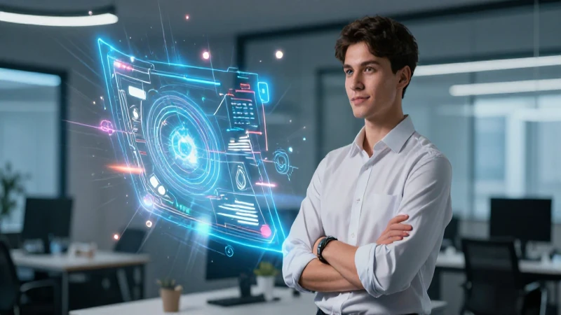Joven profesional frente a un diseño brillante en su oficina