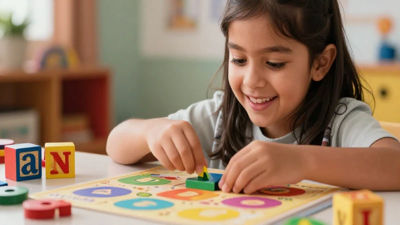 Niña alegre practicando juegos de fonología