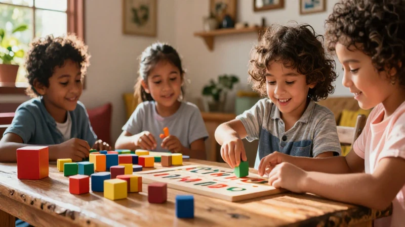 Niño feliz juega con bloques en casa