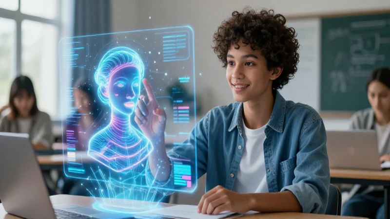 Cómo se trata la Identidad Digital en la educación en Chile 5 Joven estudia con avatar holográfico futurista