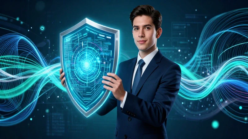 Joven con escudo digital, educación futurista