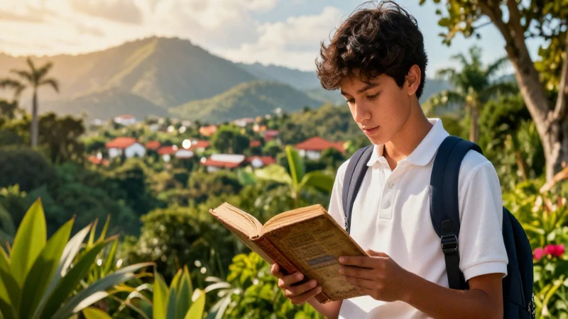 Estudiante lee libro en paisaje mexicano vibrante