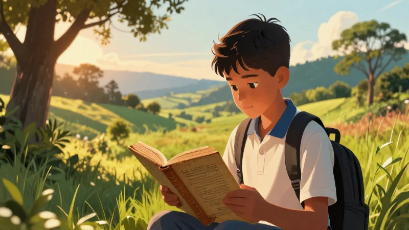 Estudiante lee en libro bajo sol dorado