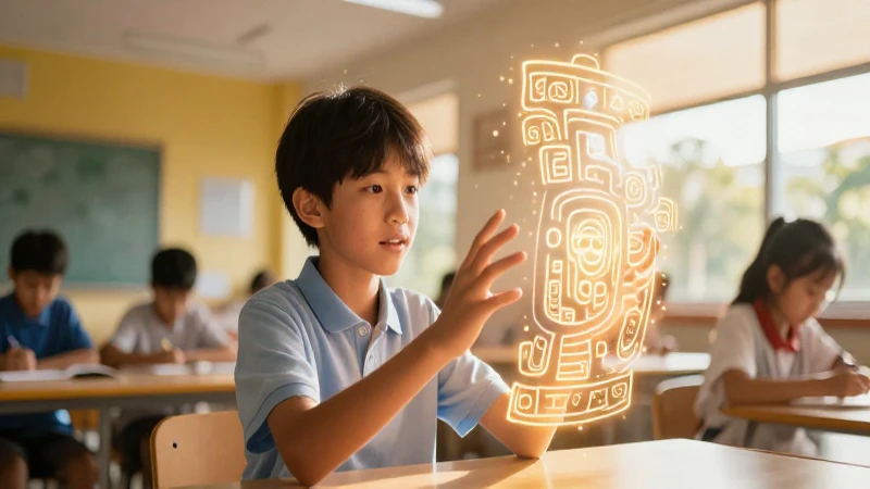 Estudiante aprende con glifos mayas en luz cálida