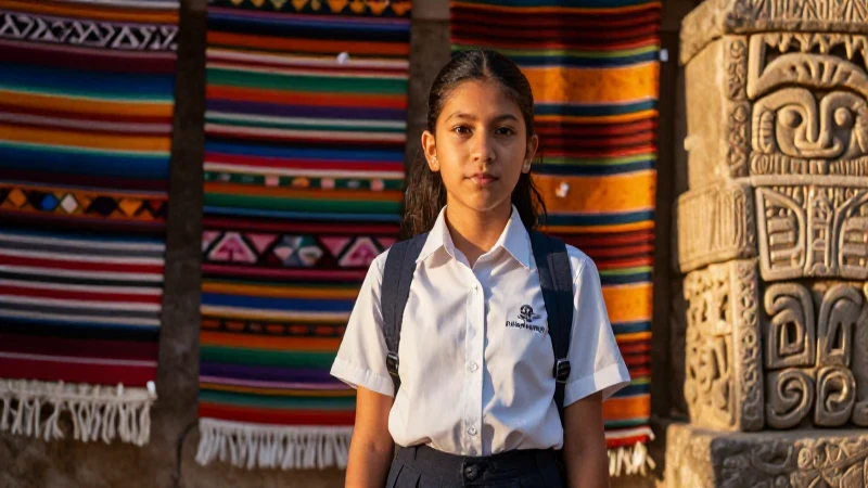 Estudiante maya moderno en contexto ancestral