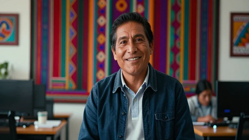 Educador Qeqchi carismático sonríe en aula maya