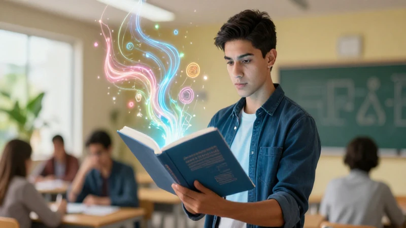 Estudiante mexicano con libro futurista y luces vibrantes