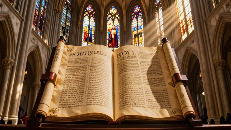 Pergamino en catedral bajo luz divina