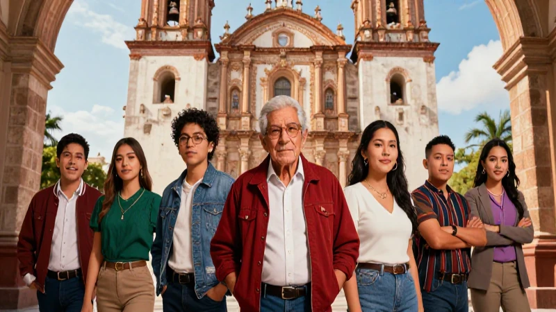 Ilustración real de comunidad mexicana en majestuosa iglesia
