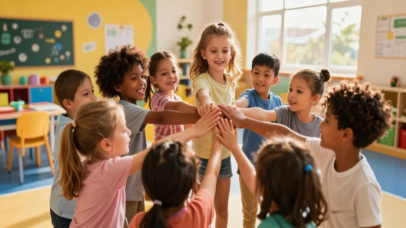 Niños unidos en un espacio educativo vibrante y moderno