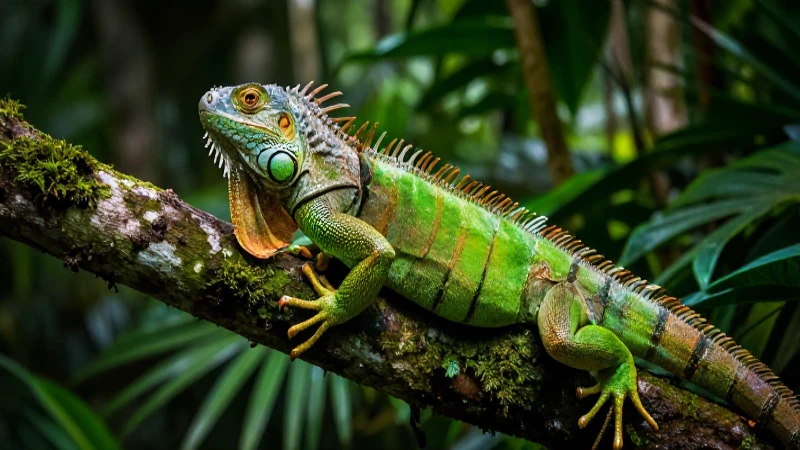 Iguana verde vibrante en entorno selvático detallado