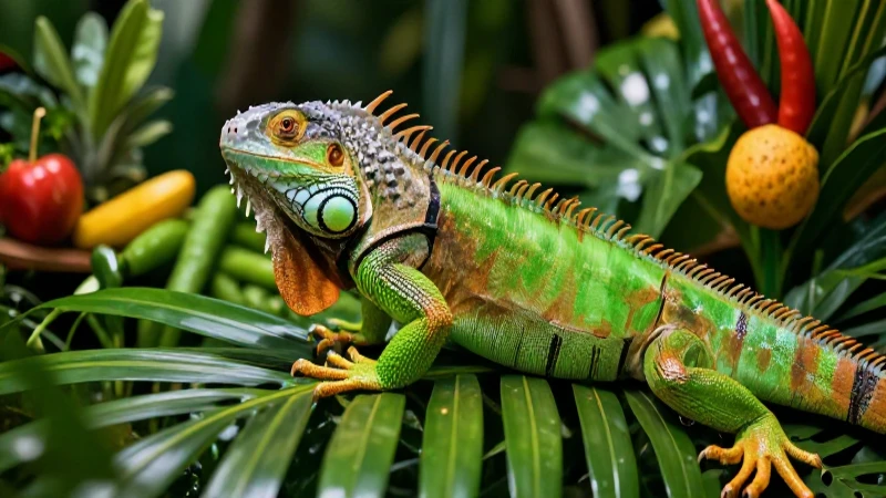 Iguana entre frutas y vegetales tropicales