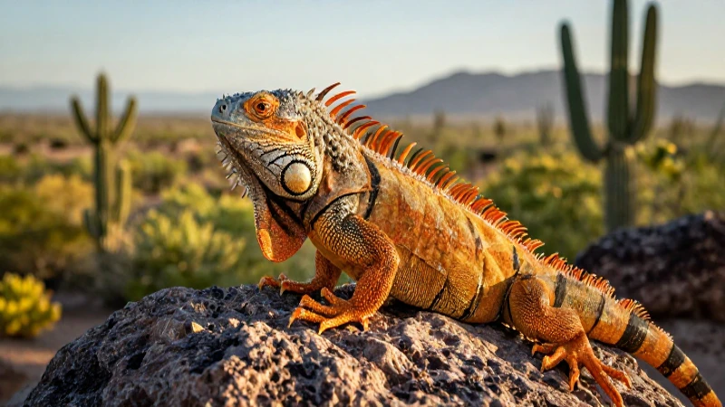 Iguana vibrante en roca bajo luz dorada