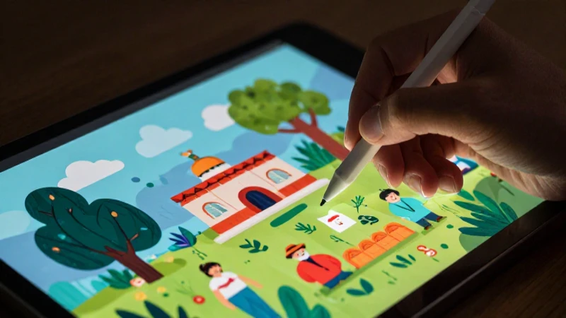 Manos digitales crean arte vibrante sobre tablet