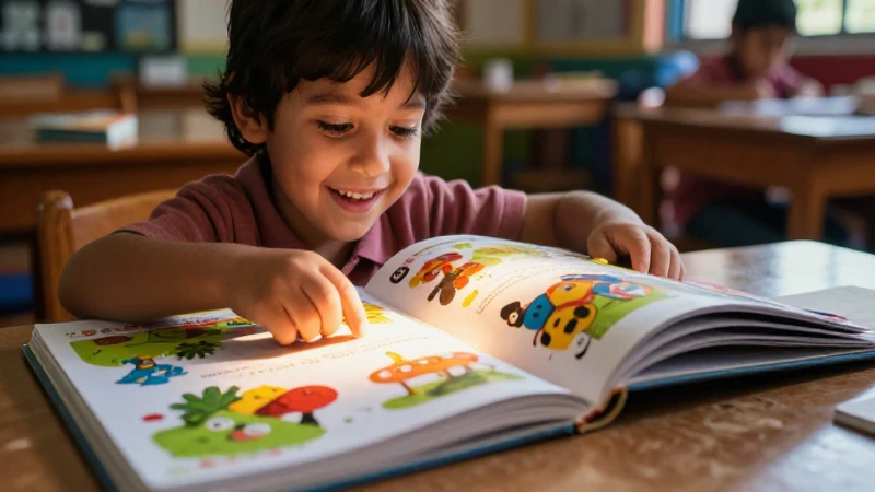 Niño sonriente con libros coloridos en un ambiente escolar