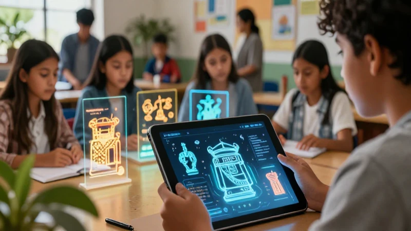 Ciencias Sociales e Historia: Archivos y Recursos Clave 3 Estudiante mexicano estudia artefactos hologramas digitales