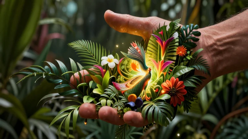Flora, fauna y fantasía: el arte natural que inspira 7 Manos transforman flora tropical en criatura brillante