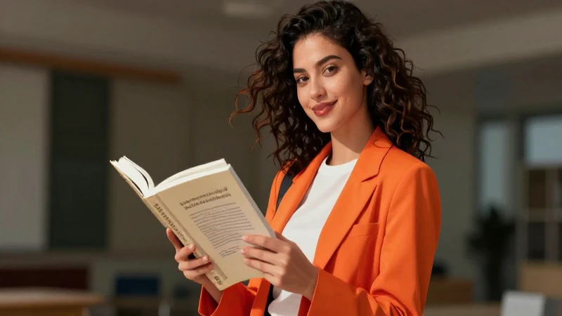 Joven atractiva y sonriente con libro académico