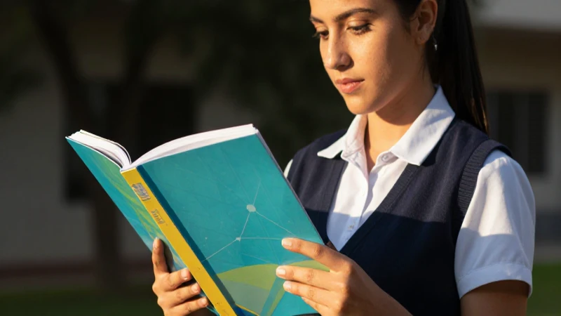 Joven estudiante mexicana, uniforme, libro y luz dorada