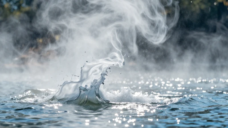 Imagen del estado líquido y sus tres estados del agua 4 Niebla dinámica y lago brillante en un primer plano vívido