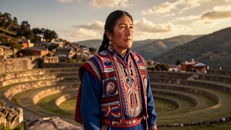 Mujer andina vibrante con textiles en terrazas antiguas al atardecer