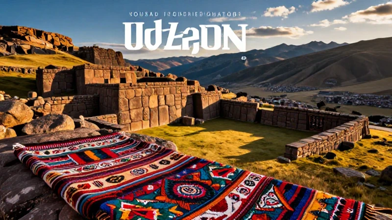 Ruinas incas andinas con textiles vibrantes al atardecer