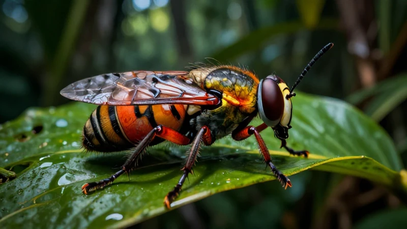 Insect vibrante en fronda tropical con detalle