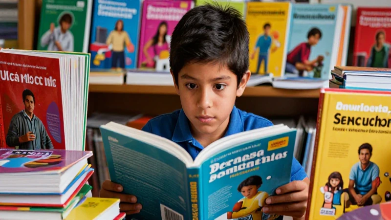 Estudiante mexicano observa libros educativos coloridos