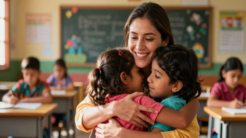 Imágenes de Socioemocional: Aprendiendo a Conectar 5 Maestra abraza a niños en cálida clase mexicana