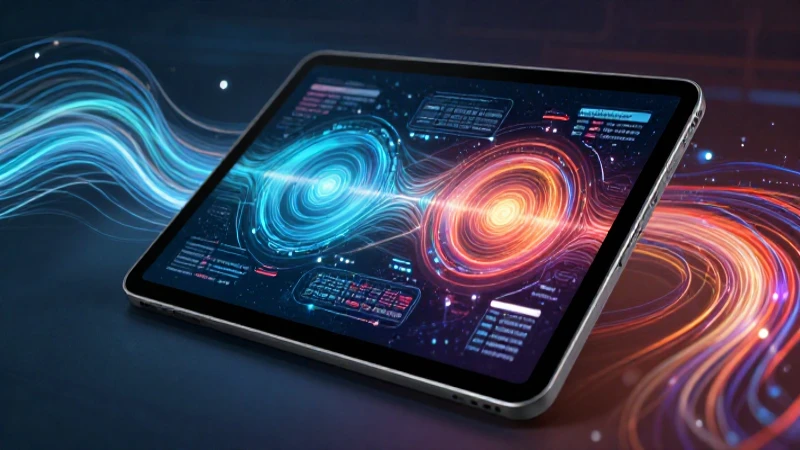 Tablet digital con infografías abstractas y vibrantes
