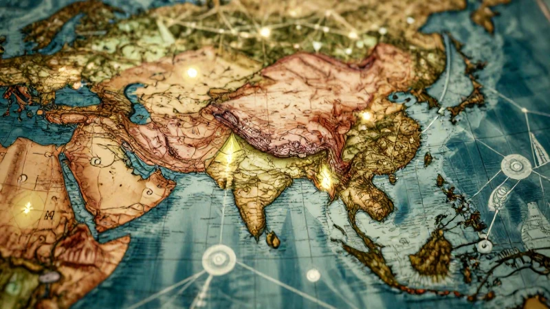 Mapa antiguo de Asia y África con patrones geométricos brillantes