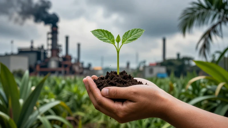 Brotes verdes, luz dramática, fábricas industriales desenfocadas