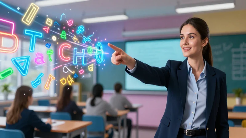 Educador dinámico presenta símbolos de aprendizaje vibrantes