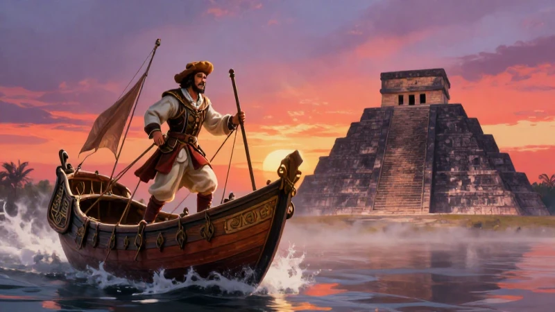 Imperio Español: Orígenes y Dinastías que lo Transformaron 3 Explorador épico frente a pirámide mesoamericana
