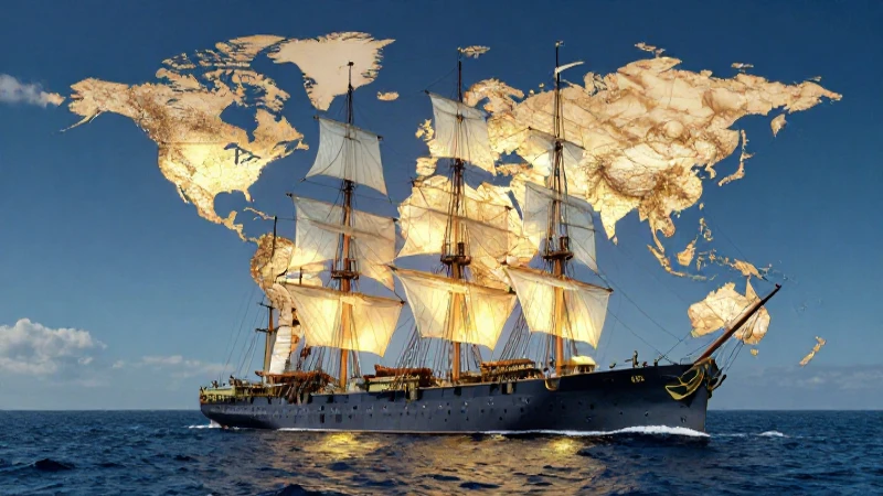 Gran barco, mapa antiguo y océano infinito