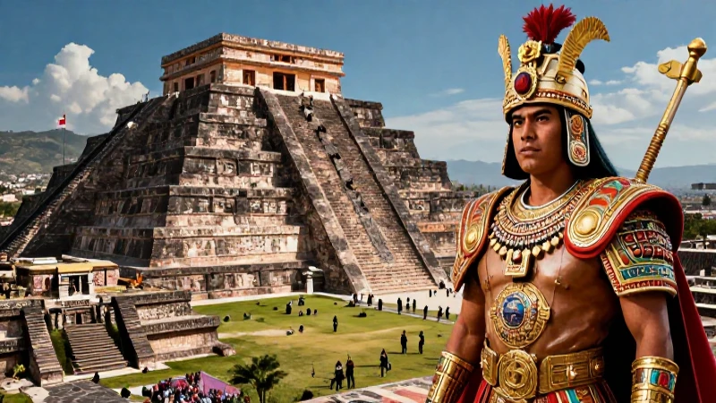 Guerrero mexica frente a la pirámide del Templo Mayor