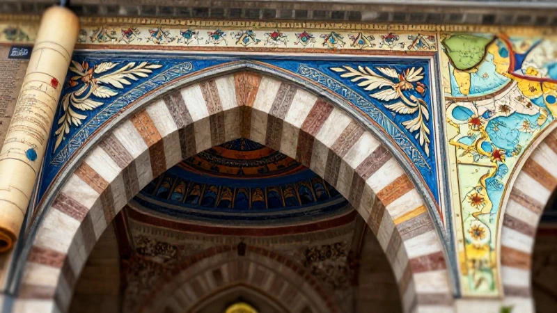 Detalle de arco otomano con mapa histórico vibrante