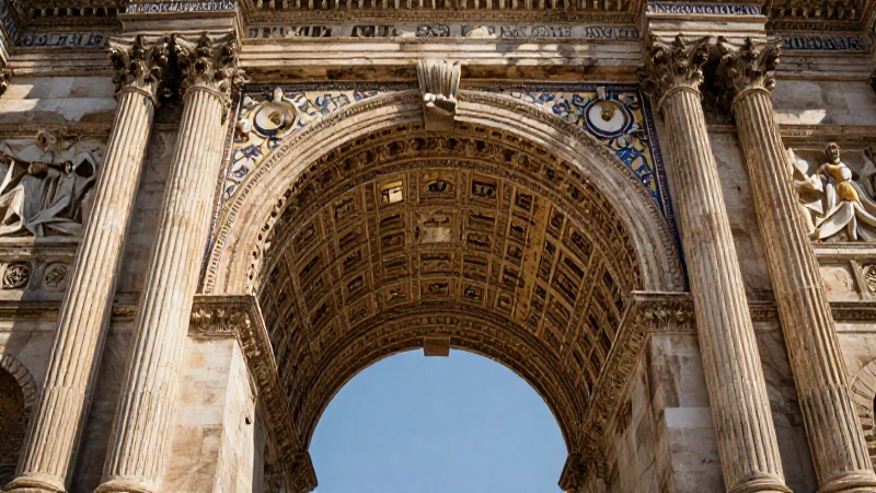 Mosaico antiguo y arco romano dramático