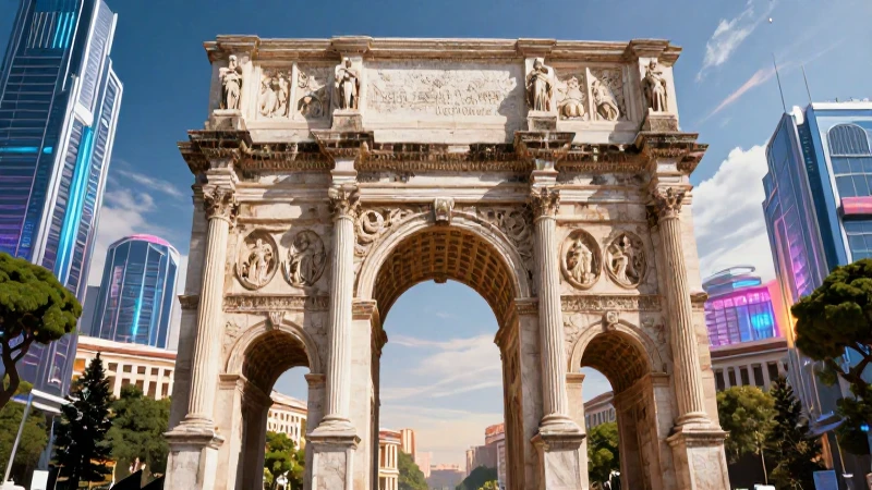 Arco romano en ciudad futurista dramática