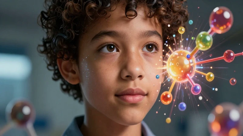 Retrato de estudiante con estructuras químicas brillantes