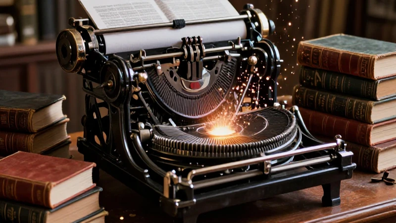 Prensa antigua y libros con partículas de conocimiento