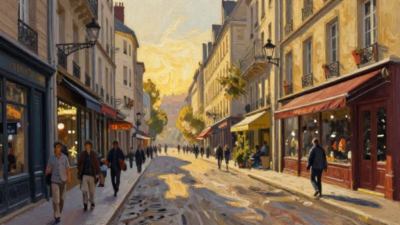 Pintura vibrante de calle parisina al atardecer