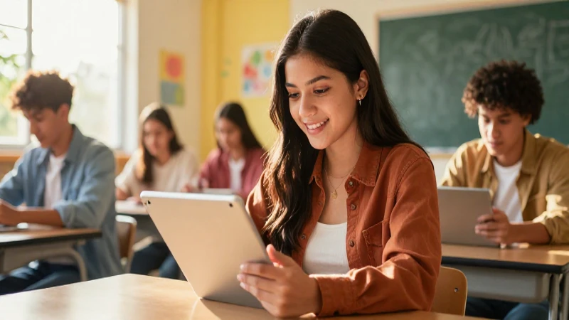 Estudiante mexicano con tableta en un aula vibrante