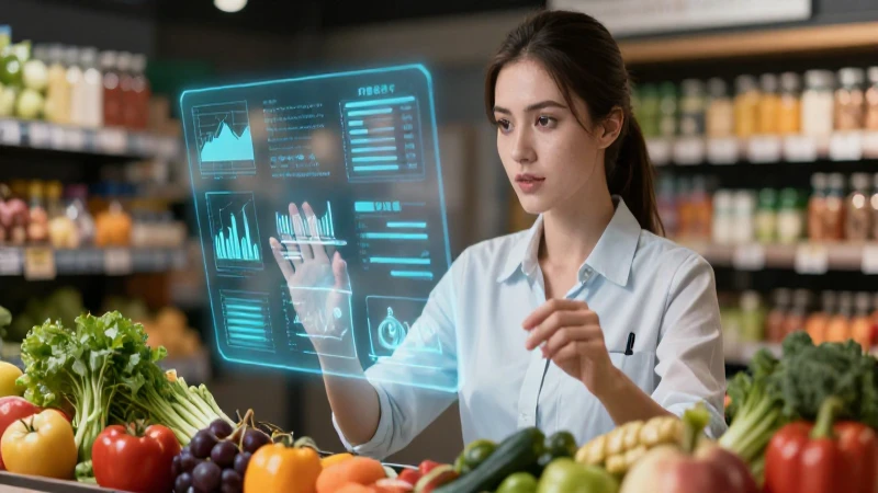 Joven profesional con métricas de salud y alimentos vibrantes
