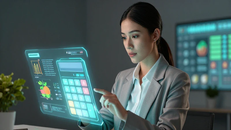 Mujer profesional usa calculadora holográfica