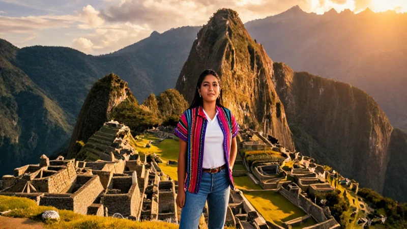 Incas: Su Cultura, Religión, Economía y Organización Social 8 Joven mexicano moderno frente a ruinas doradas de Machu Picchu