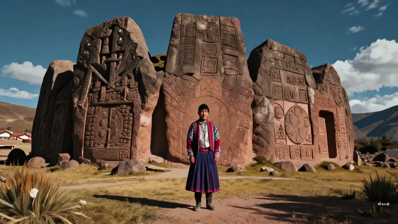 Joven andino moderno ante imponente arquitectura inca