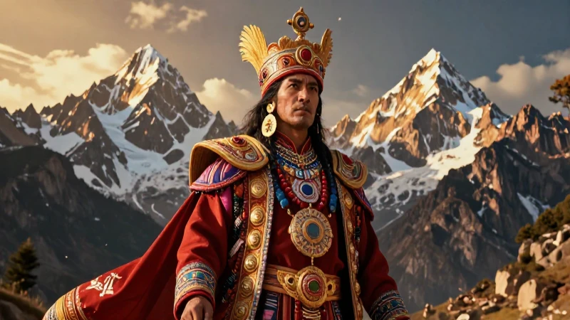 Sacerdote inca majestuoso entre picos andinos