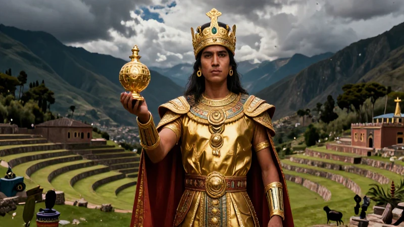 Inca regio en oro frente a andenes