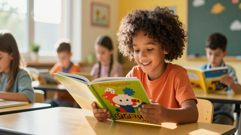 Incentivando la lectura: Estrategias para fomentar el hábito 3 Niño alegre lee cuento en moderno salón